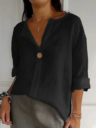 Jacinda | Cotton Linen Blend V-Neck Blouse with 3/4 Roll-Up Sleeves
