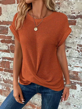 Laifa | Women’s Waffle Knit Pullover Top with Batwing Sleeves and Cross-Wrap Front Hem Design