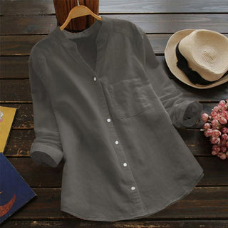 Belle | Women’s Long-Sleeved Button-Down Shirt with V-Neck Band Collar Design