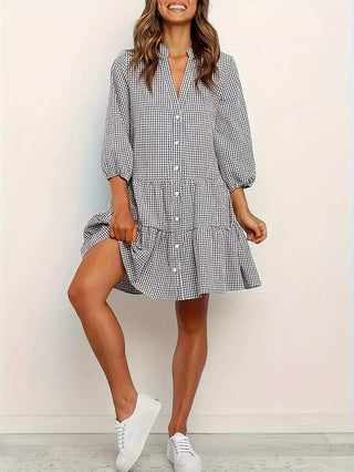 Briony | Women’s Casual Gingham Plaid Shirt Dress with 3/4 Lantern Sleeves and Button-Down Front