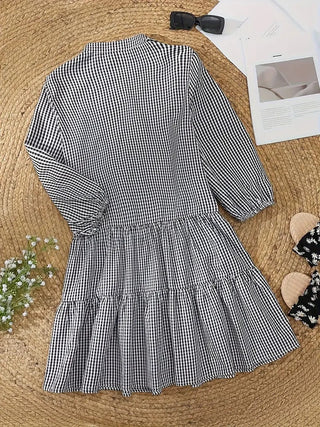 Briony | Women’s Casual Gingham Plaid Shirt Dress with 3/4 Lantern Sleeves and Button-Down Front