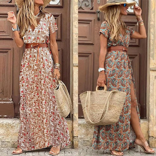 Betina | Women's Bohemian V-Neck Short Sleeve Maxi Dress