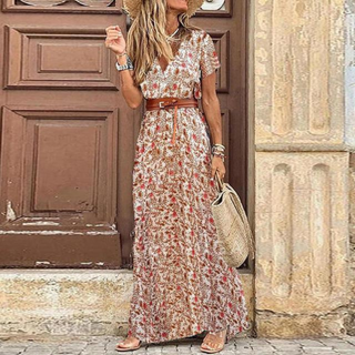 Betina | Women's Bohemian V-Neck Short Sleeve Maxi Dress