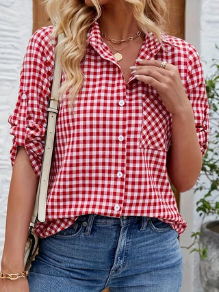 Mila | Women’s Red and White Checkered Button-Up Shirt with Single Chest Pocket