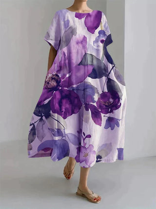 Andrea | Women's Loose-Fit Maxi Dress with Painterly Floral and Leaf Patterns