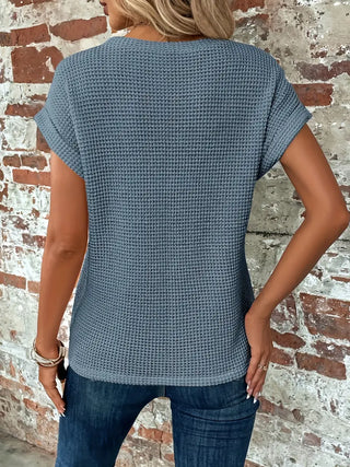Laifa | Women’s Waffle Knit Pullover Top with Batwing Sleeves and Cross-Wrap Front Hem Design