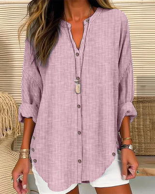 Alicia | Women’s Vertical Striped V-Neck Blouse with Single-Breasted Button-Up Front