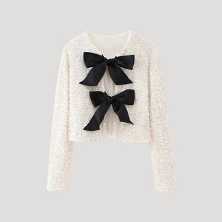 Valentina | Women’s Sequined Cropped Jacket Cardigan with Black Bow Accents