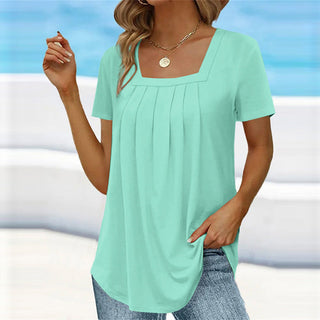 Honoria | Women's Square Neck Pleated T-Shirt with Short Sleeves