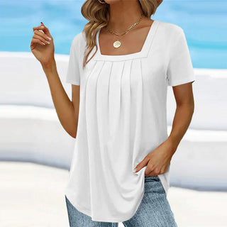 Honoria | Women's Square Neck Pleated T-Shirt with Short Sleeves