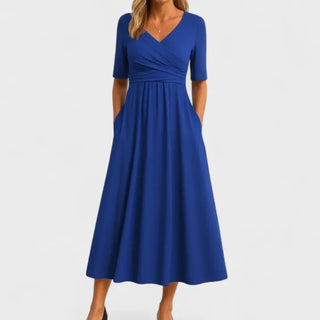Ylora | Women’s Midi Dress with V-neck Wrap and Short Sleeves