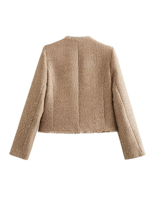 Iris | Women’s Elegant Camel Tweed Cropped Jacket with Pockets