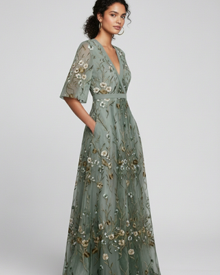 Lydia |  Women’s Sheer Floral Maxi Dress with Wrap V-neck Style