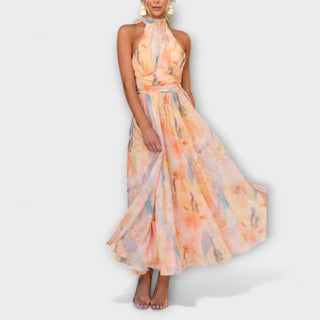 Rosie | Women's Halter Neck Open Back Watercolor Maxi Dress