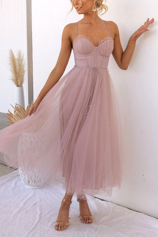 Eulla | Women's Summer Corset Midi Dress with Tulle Skirt and Spaghetti Straps