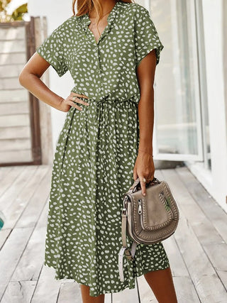 Galina | Polka Dot Midi Dress for Women with Short Sleeves and Tie-Waist V-Neck