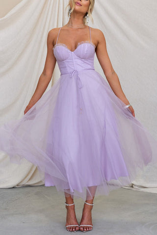 Eulla | Women's Summer Corset Midi Dress with Tulle Skirt and Spaghetti Straps