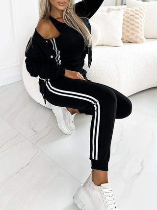 Friah | Women’s Striped Three Piece Set with Sleeveless Top Jacket and Pants