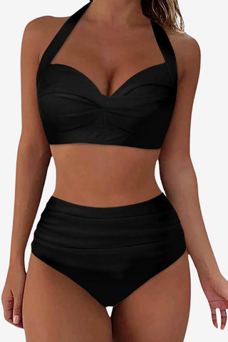 Junia | Women's High-Waisted Ruched Bikini Set with Halter Twist-Front Top