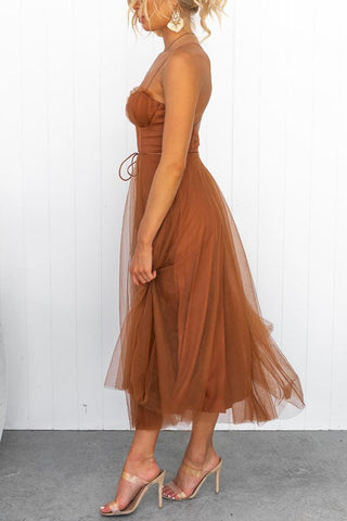 Eulla | Women's Summer Corset Midi Dress with Tulle Skirt and Spaghetti Straps