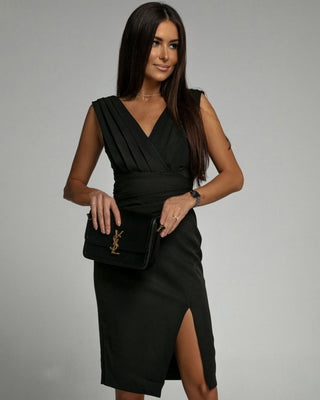 Phoebelyn | Women’s Sleeveless V-neck Midi Dress with Slit and Pleats