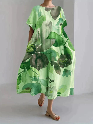 Andrea | Women's Loose-Fit Maxi Dress with Painterly Floral and Leaf Patterns