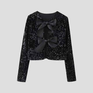 Valentina | Women’s Sequined Cropped Jacket Cardigan with Black Bow Accents