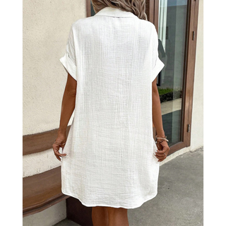 Gabriela | Women’s Folded Short Sleeve Midi Dress with Buttons and Pockets