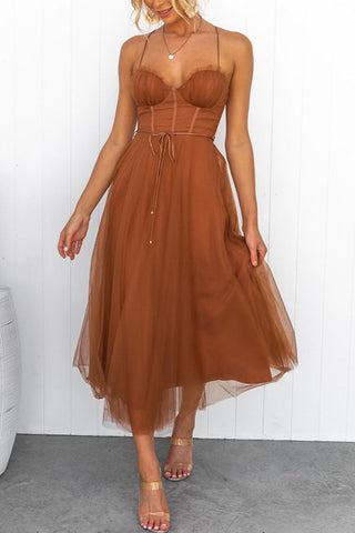 Eulla | Women's Summer Corset Midi Dress with Tulle Skirt and Spaghetti Straps