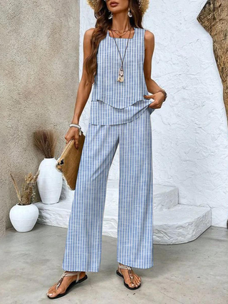 Ameliana | Women’s Sleeveless Square-Neck Two-Piece Set with Leaf Print Wide-Leg Trousers