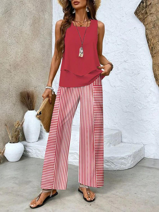 Ameliana | Women’s Sleeveless Square-Neck Two-Piece Set with Leaf Print Wide-Leg Trousers