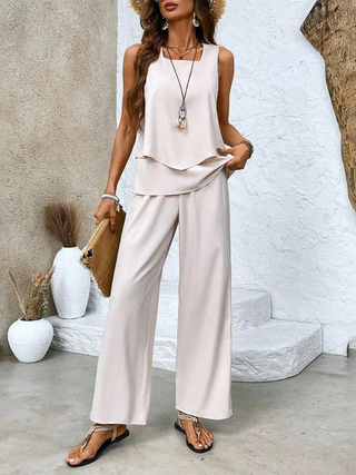 Ameliana | Women’s Sleeveless Square-Neck Two-Piece Set with Leaf Print Wide-Leg Trousers