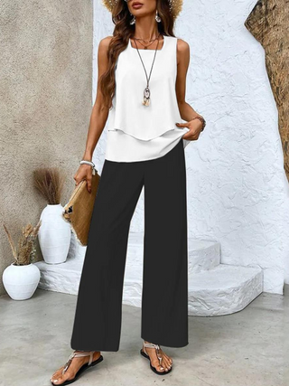 Ameliana | Women’s Sleeveless Square-Neck Two-Piece Set with Leaf Print Wide-Leg Trousers