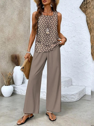 Ameliana | Women’s Sleeveless Square-Neck Two-Piece Set with Leaf Print Wide-Leg Trousers