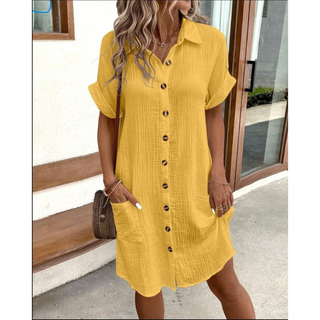 Gabriela | Women’s Folded Short Sleeve Midi Dress with Buttons and Pockets
