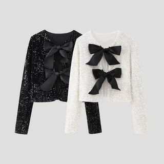 Valentina | Women’s Sequined Cropped Jacket Cardigan with Black Bow Accents