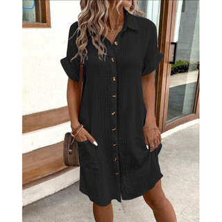 Gabriela | Women’s Folded Short Sleeve Midi Dress with Buttons and Pockets
