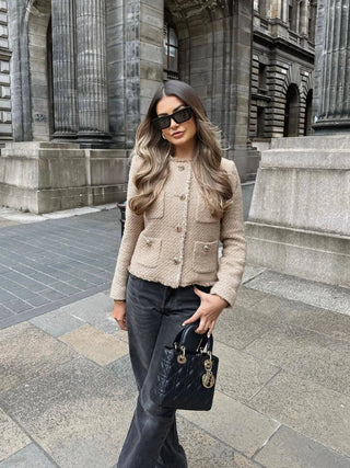 Iris | Women’s Elegant Camel Tweed Cropped Jacket with Pockets
