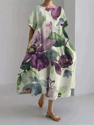 Andrea | Women's Loose-Fit Maxi Dress with Painterly Floral and Leaf Patterns