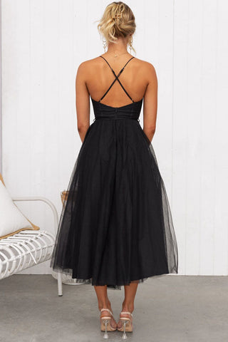 Eulla | Women's Summer Corset Midi Dress with Tulle Skirt and Spaghetti Straps