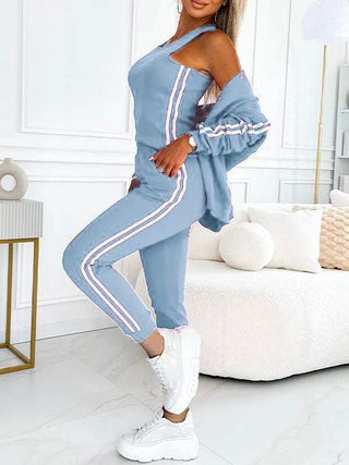 Friah | Women’s Striped Three Piece Set with Sleeveless Top Jacket and Pants