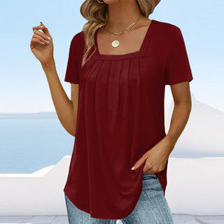 Honoria | Women's Square Neck Pleated T-Shirt with Short Sleeves