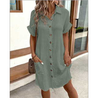 Gabriela | Women’s Folded Short Sleeve Midi Dress with Buttons and Pockets