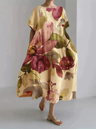 Andrea | Women's Loose-Fit Maxi Dress with Painterly Floral and Leaf Patterns