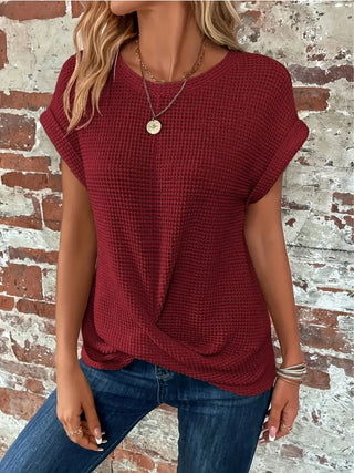 Laifa | Women’s Waffle Knit Pullover Top with Batwing Sleeves and Cross-Wrap Front Hem Design