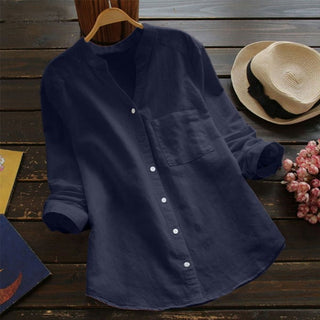 Belle | Women’s Long-Sleeved Button-Down Shirt with V-Neck Band Collar Design
