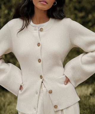 Elisia | Women’s Tailored Knit Top with Subtle Bell Sleeves in Warm Ivory