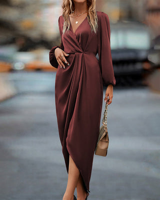 Elara | Women’s Lantern Sleeve Twist Front Satin Midi Dress with Wrap Hem