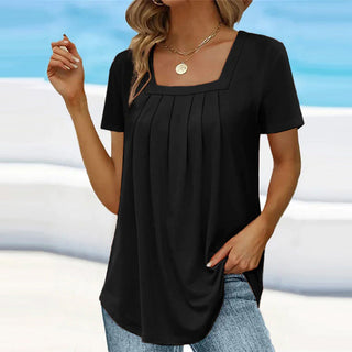 Honoria | Women's Square Neck Pleated T-Shirt with Short Sleeves