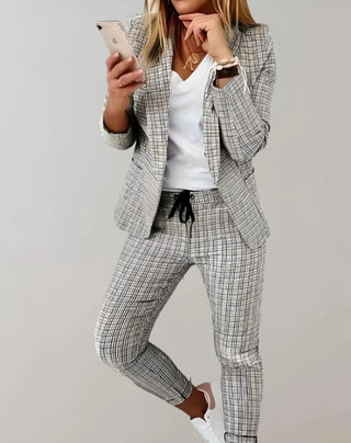 Elaraine | Women’s Plaid Two-Piece Set with Open-Front Blazer and Slim-Fit Pants